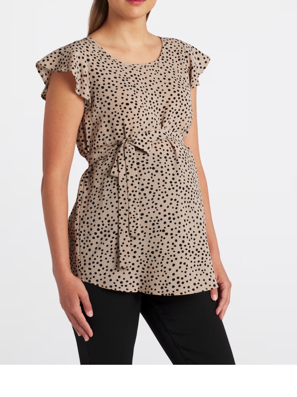 Flutter-Sleeve Tie-Waist Polka Dot Blouse - Beige/Black